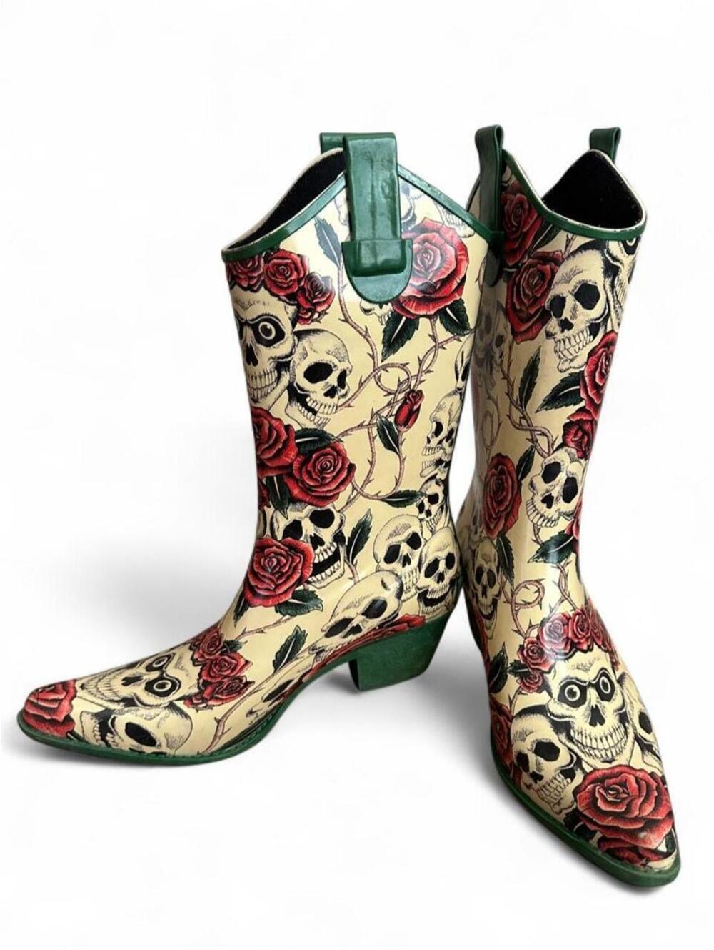 Corkys Nomad Yippy Rain Boots Women’s 11 Skull Roses Western Cowboy Waterproof